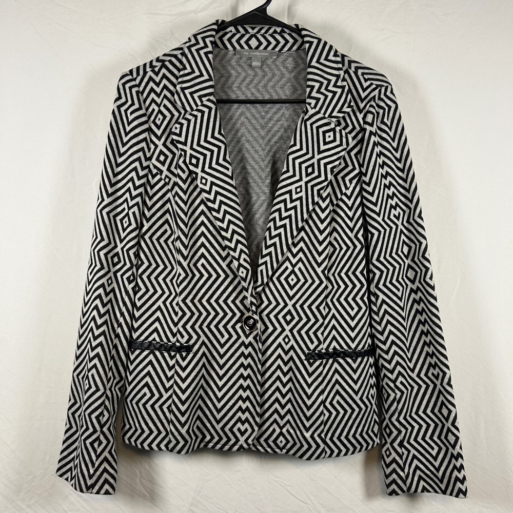 NY Collection Womens Blazer‎ Black White Geometric Chevron Diamond Print Size L